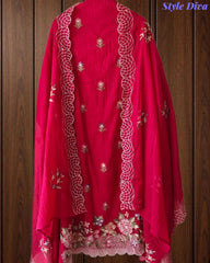 SD1140 - Elegant Mul Cotton Unstitched Suit with Parsi Embroidery Work & Scalloped Edge Dupatta