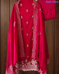 SD1140 - Elegant Mul Cotton Unstitched Suit with Parsi Embroidery Work & Scalloped Edge Dupatta