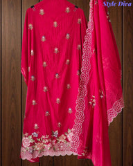 SD1140 - Elegant Mul Cotton Unstitched Suit with Parsi Embroidery Work & Scalloped Edge Dupatta