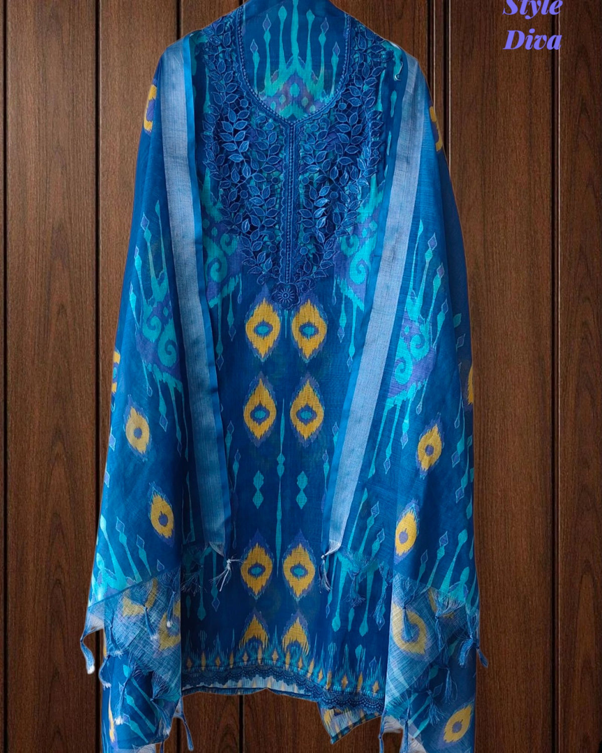 SD1141 - Linen Digital Printed Unstitched Suit with Crochet Lacing & Tasselled Dupatta