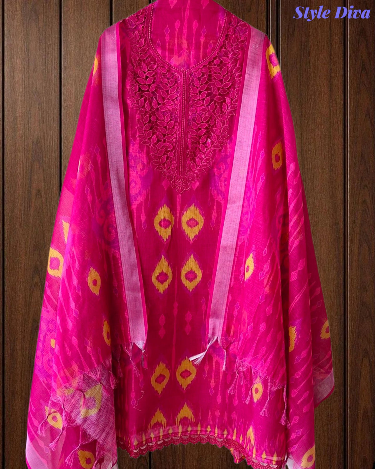SD1141 - Linen Digital Printed Unstitched Suit with Crochet Lacing & Tasselled Dupatta