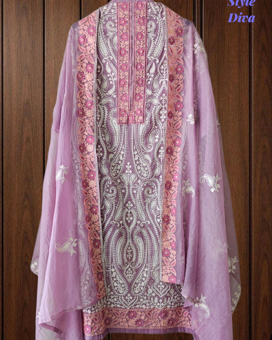 SD1134 - Mul Cotton Unstitched Suit with Overall Jal Embroidery & Matching Embroidered Dupatta