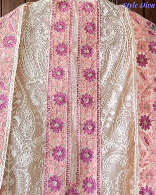 SD1134 - Mul Cotton Unstitched Suit with Overall Jal Embroidery & Matching Embroidered Dupatta