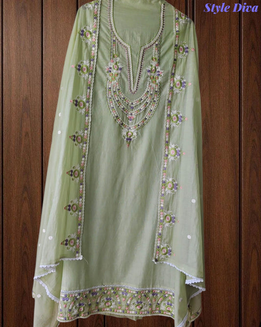 SD1148 - Elegant Mul Cotton Unstitched Suit with Colorful Embroidery on Kurta & Dupatta