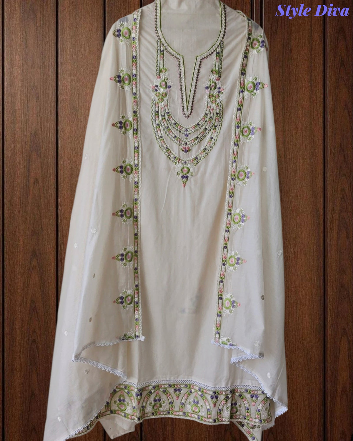 SD1148 - Elegant Mul Cotton Unstitched Suit with Colorful Embroidery on Kurta & Dupatta