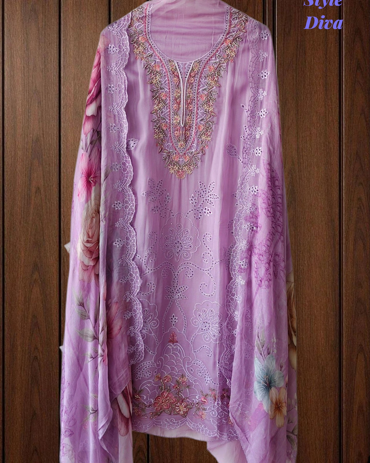 SD1128 - Designer Twill Burberry Unstitched Suit with Laser Cut Work, Hand Embroidery & Scalloped Chiffon Dupatta