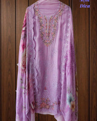 SD1128 - Designer Twill Burberry Unstitched Suit with Laser Cut Work, Hand Embroidery & Scalloped Chiffon Dupatta