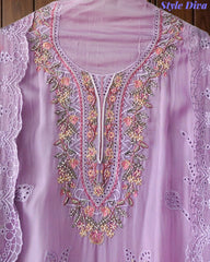 SD1128 - Designer Twill Burberry Unstitched Suit with Laser Cut Work, Hand Embroidery & Scalloped Chiffon Dupatta