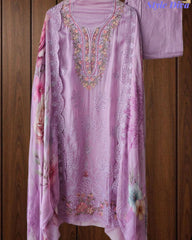SD1128 - Designer Twill Burberry Unstitched Suit with Laser Cut Work, Hand Embroidery & Scalloped Chiffon Dupatta