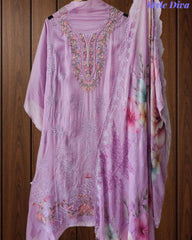 SD1128 - Designer Twill Burberry Unstitched Suit with Laser Cut Work, Hand Embroidery & Scalloped Chiffon Dupatta