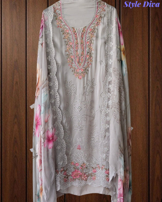 SD1128 - Designer Twill Burberry Unstitched Suit with Laser Cut Work, Hand Embroidery & Scalloped Chiffon Dupatta –