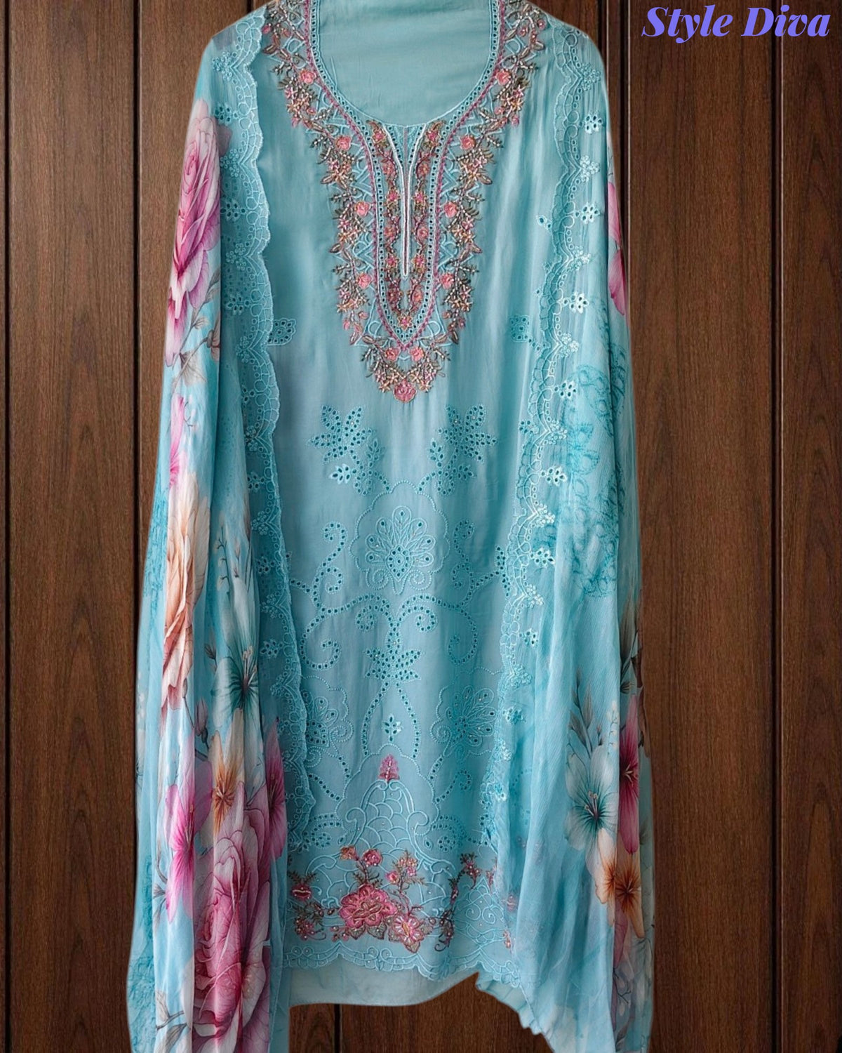 SD1128 - Designer Twill Burberry Unstitched Suit with Laser Cut Work, Hand Embroidery & Scalloped Chiffon Dupatta