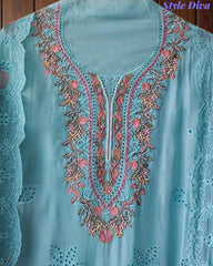 SD1128 - Designer Twill Burberry Unstitched Suit with Laser Cut Work, Hand Embroidery & Scalloped Chiffon Dupatta