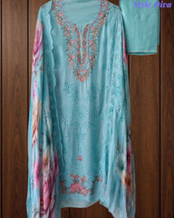 SD1128 - Designer Twill Burberry Unstitched Suit with Laser Cut Work, Hand Embroidery & Scalloped Chiffon Dupatta