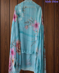 SD1128 - Designer Twill Burberry Unstitched Suit with Laser Cut Work, Hand Embroidery & Scalloped Chiffon Dupatta
