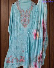 SD1128 - Designer Twill Burberry Unstitched Suit with Laser Cut Work, Hand Embroidery & Scalloped Chiffon Dupatta