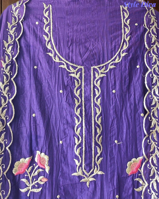 SD1120 - Crush Mul Cotton Block Print Unstitched Suit with Pita Embroidery Detailing