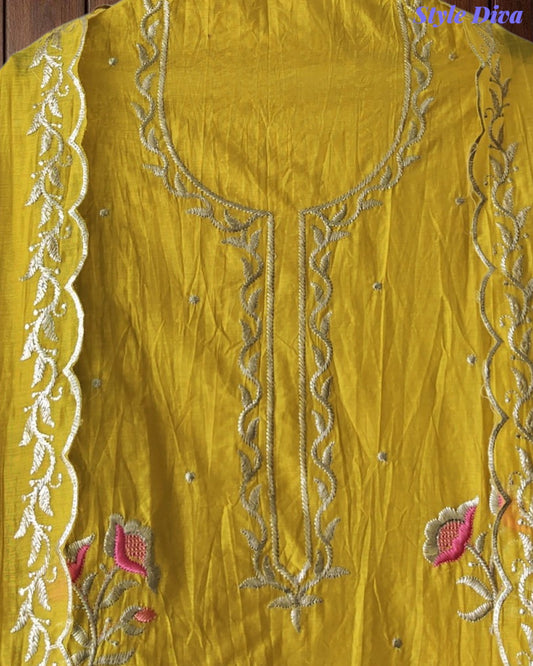 SD1120 - Crush Mul Cotton Block Print Unstitched Suit with Pita Embroidery Detailing