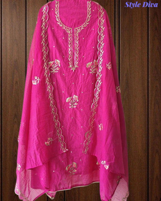 SD1120 - Crush Mul Cotton Block Print Unstitched Suit with Pita Embroidery Detailing