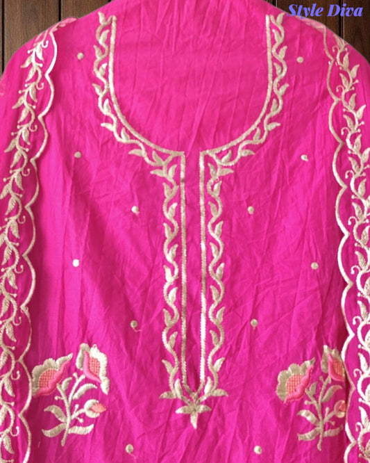 SD1120 - Crush Mul Cotton Block Print Unstitched Suit with Pita Embroidery Detailing