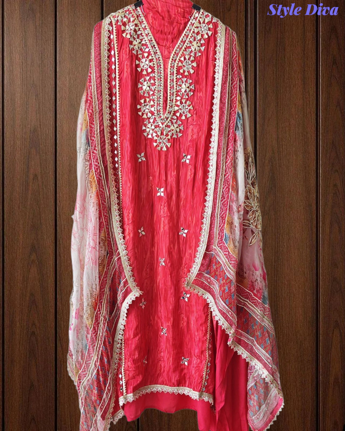 SD1145 - Elegant Crepe Unstitched Suit with Gotta Work, Mirror Highlighting & Digital Print Chiffon Dupatta