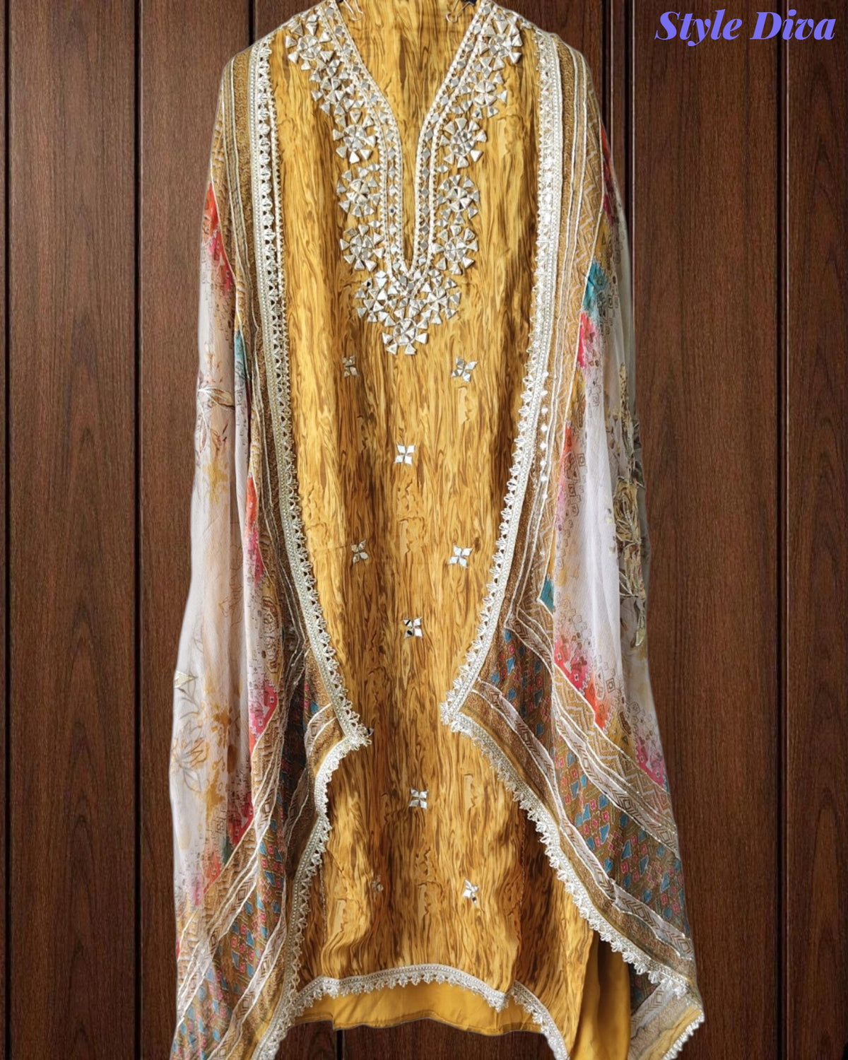 SD1145 - Elegant Crepe Unstitched Suit with Gotta Work, Mirror Highlighting & Digital Print Chiffon Dupatta