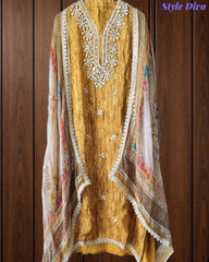 SD1145 - Elegant Crepe Unstitched Suit with Gotta Work, Mirror Highlighting & Digital Print Chiffon Dupatta