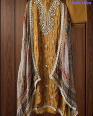 SD1145 - Elegant Crepe Unstitched Suit with Gotta Work, Mirror Highlighting & Digital Print Chiffon Dupatta