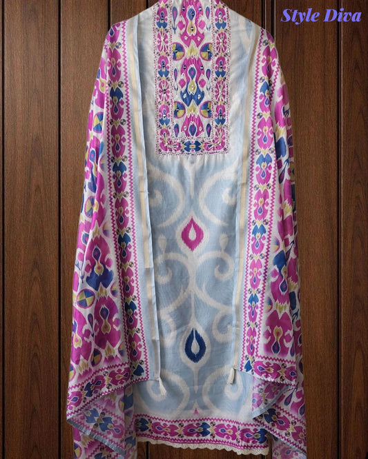 SD1139 - Elegant Linen Cotton Digital Printed Unstitched Suit with Hand Work & Tasselled Dupatta