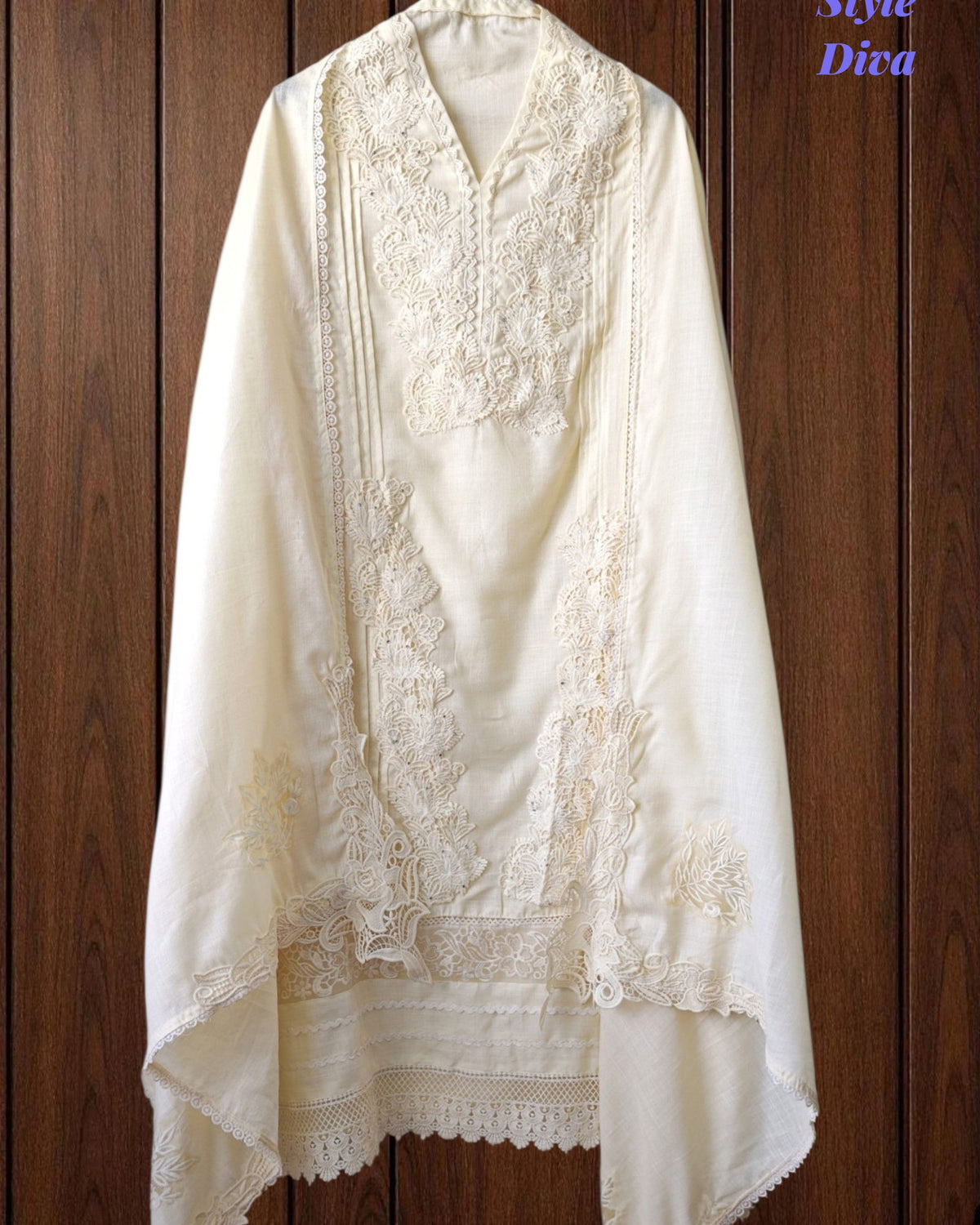 SD1133 - Pakistani Style Khadi Cotton  Unstitched Suit with Overall Crochet Lacing on Kurta & Dupatta