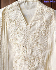 SD1133 - Pakistani Style Khadi Cotton  Unstitched Suit with Overall Crochet Lacing on Kurta & Dupatta
