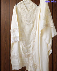 SD1133 - Pakistani Style Khadi Cotton  Unstitched Suit with Overall Crochet Lacing on Kurta & Dupatta