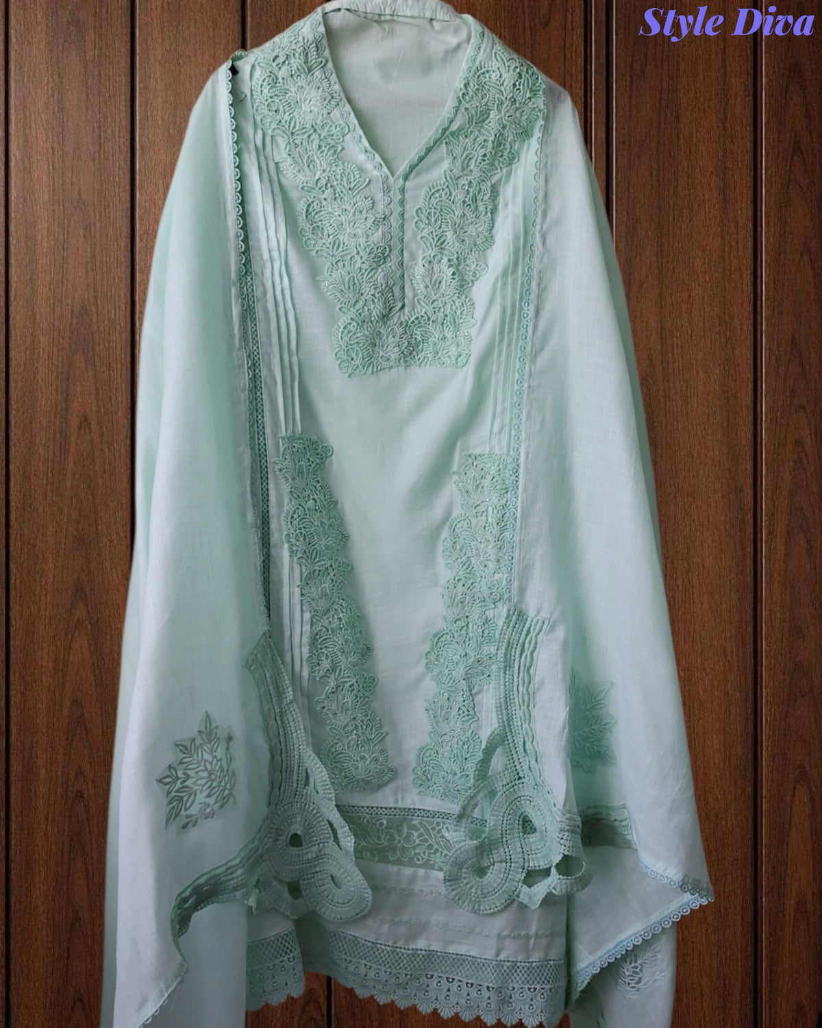 SD1133 - Pakistani Style Khadi Cotton  Unstitched Suit with Overall Crochet Lacing on Kurta & Dupatta
