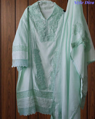 SD1133 - Pakistani Style Khadi Cotton  Unstitched Suit with Overall Crochet Lacing on Kurta & Dupatta