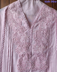 SD1133 - Pakistani Style Khadi Cotton  Unstitched Suit with Overall Crochet Lacing on Kurta & Dupatta