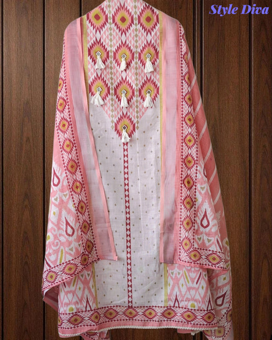 SD1118 -Linen Cotton Digital Printed Unstitched Suit with Mirror Work, Pearl Highlighting & Dupatta