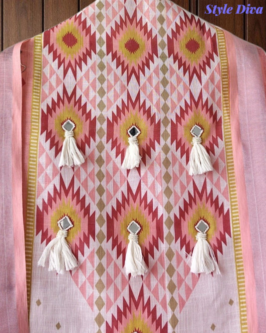 SD1118 -Linen Cotton Digital Printed Unstitched Suit with Mirror Work, Pearl Highlighting & Dupatta