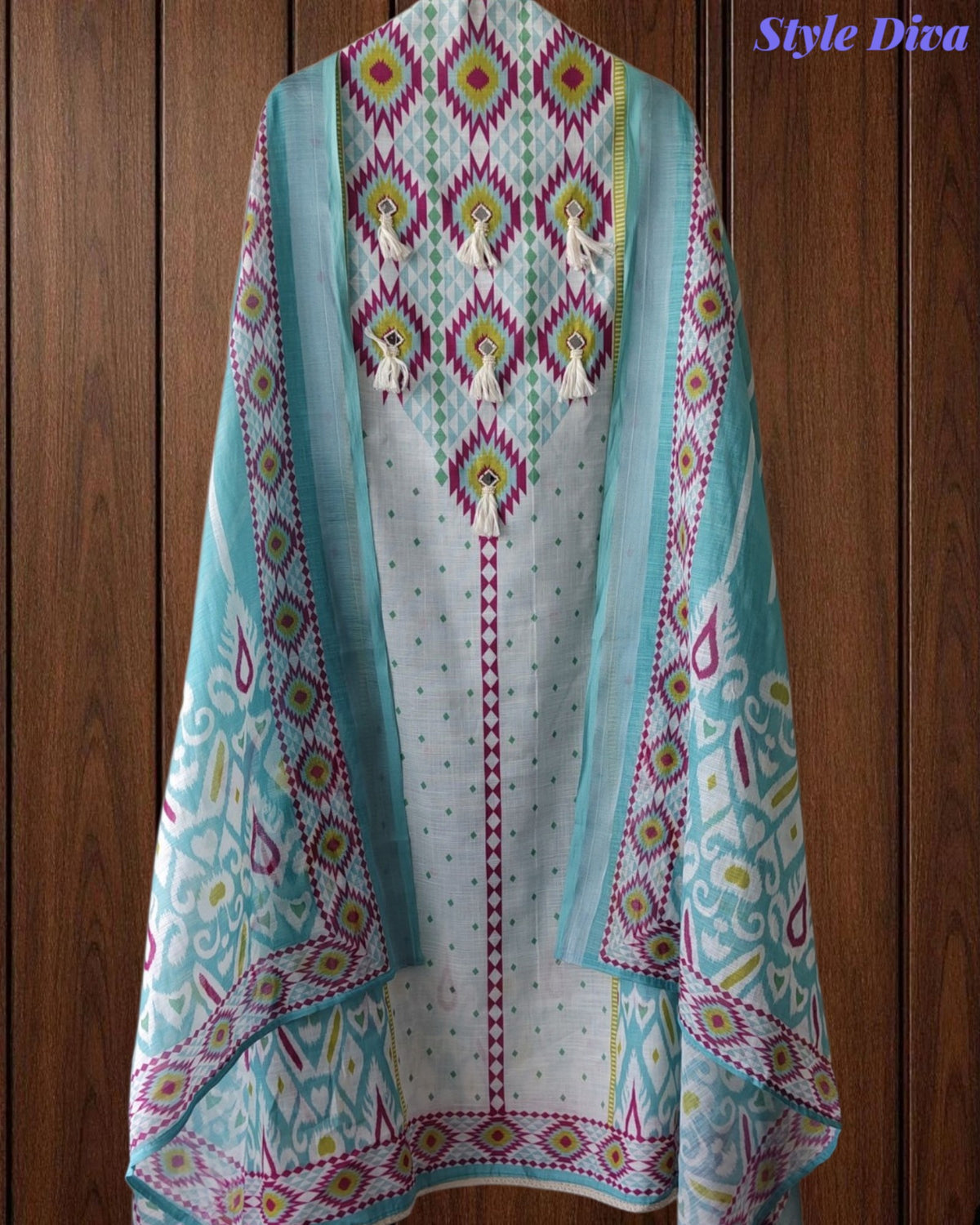 SD1118 -Linen Cotton Digital Printed Unstitched Suit with Mirror Work, Pearl Highlighting & Dupatta