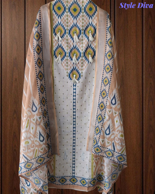SD1118 -Linen Cotton Digital Printed Unstitched Suit with Mirror Work, Pearl Highlighting & Dupatta