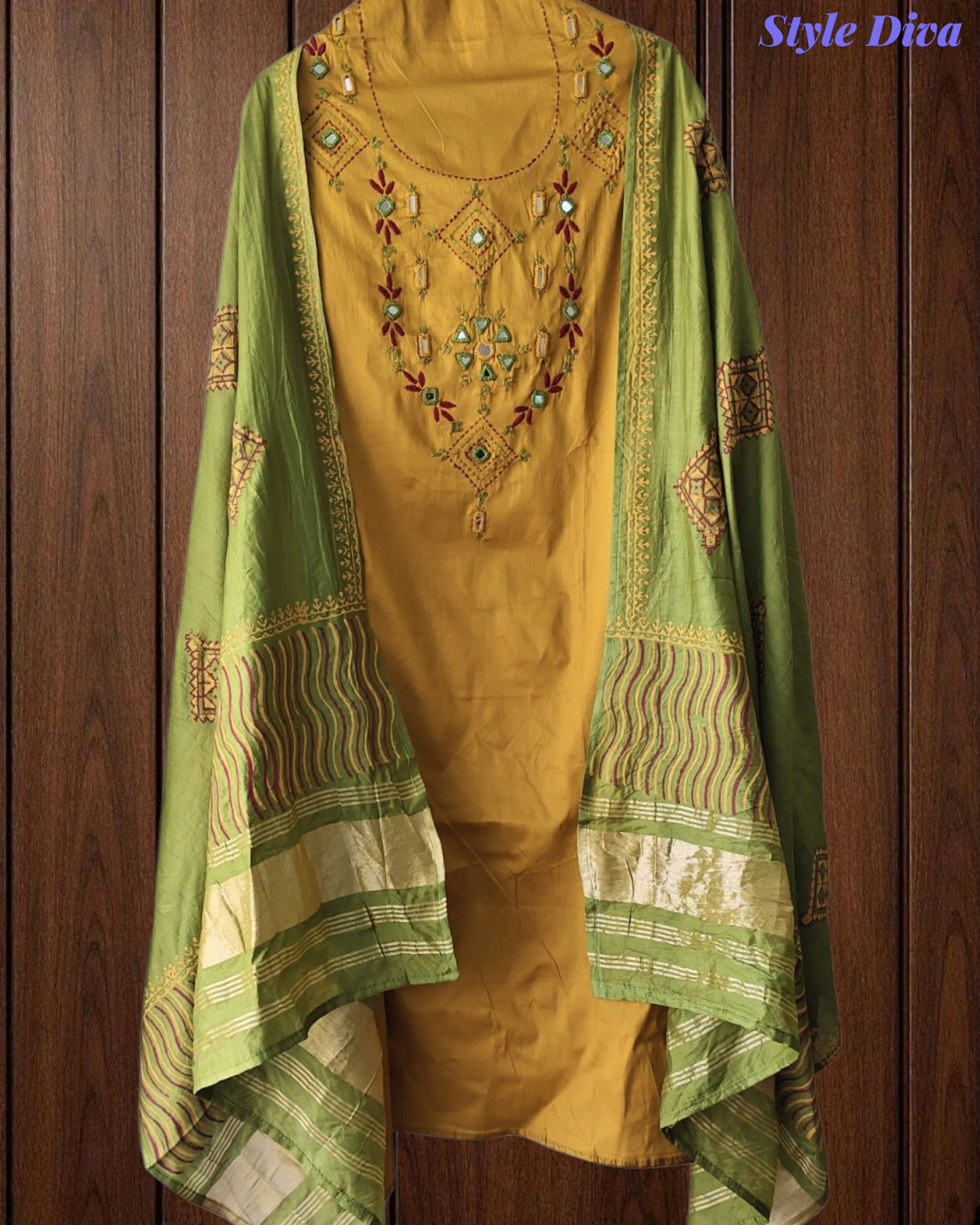 SD1135 - Jaam Cotton Unstitched Suit with Mirror &amp; Kantha Work, Mul Chanderi Lagdi Patta Dupatta