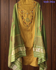 SD1135 - Jaam Cotton Unstitched Suit with Mirror &amp; Kantha Work, Mul Chanderi Lagdi Patta Dupatta