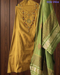 SD1135 - Jaam Cotton Unstitched Suit with Mirror &amp; Kantha Work, Mul Chanderi Lagdi Patta Dupatta