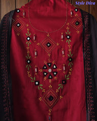 SD1135 - Jaam Cotton Unstitched Suit with Mirror &amp; Kantha Work, Mul Chanderi Lagdi Patta Dupatta