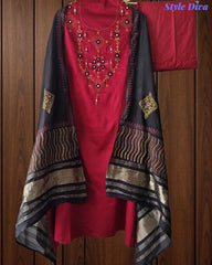 SD1135 - Jaam Cotton Unstitched Suit with Mirror &amp; Kantha Work, Mul Chanderi Lagdi Patta Dupatta