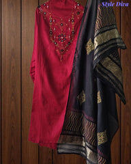 SD1135 - Jaam Cotton Unstitched Suit with Mirror &amp; Kantha Work, Mul Chanderi Lagdi Patta Dupatta