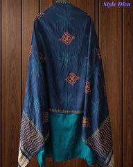SD1135 - Jaam Cotton Unstitched Suit with Mirror &amp; Kantha Work, Mul Chanderi Lagdi Patta Dupatta
