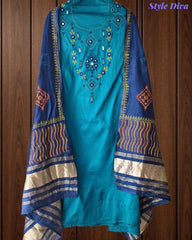 SD1135 - Jaam Cotton Unstitched Suit with Mirror &amp; Kantha Work, Mul Chanderi Lagdi Patta Dupatta