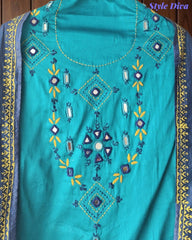 SD1135 - Jaam Cotton Unstitched Suit with Mirror &amp; Kantha Work, Mul Chanderi Lagdi Patta Dupatta