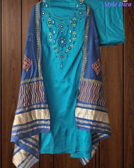 SD1135 - Jaam Cotton Unstitched Suit with Mirror &amp; Kantha Work, Mul Chanderi Lagdi Patta Dupatta