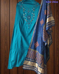 SD1135 - Jaam Cotton Unstitched Suit with Mirror &amp; Kantha Work, Mul Chanderi Lagdi Patta Dupatta